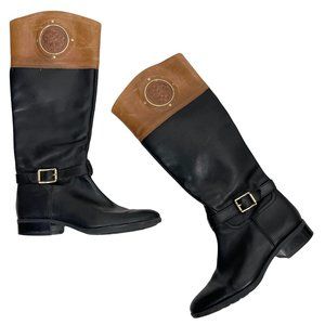 Vince Camuto Riding Boots Knee Phillie Black Tan Brown Leather 9.5